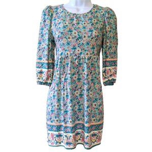 Bebop Women’s XS Boho Hippie Sky Blue Baby Doll Mini Dress w Floral Pattern
